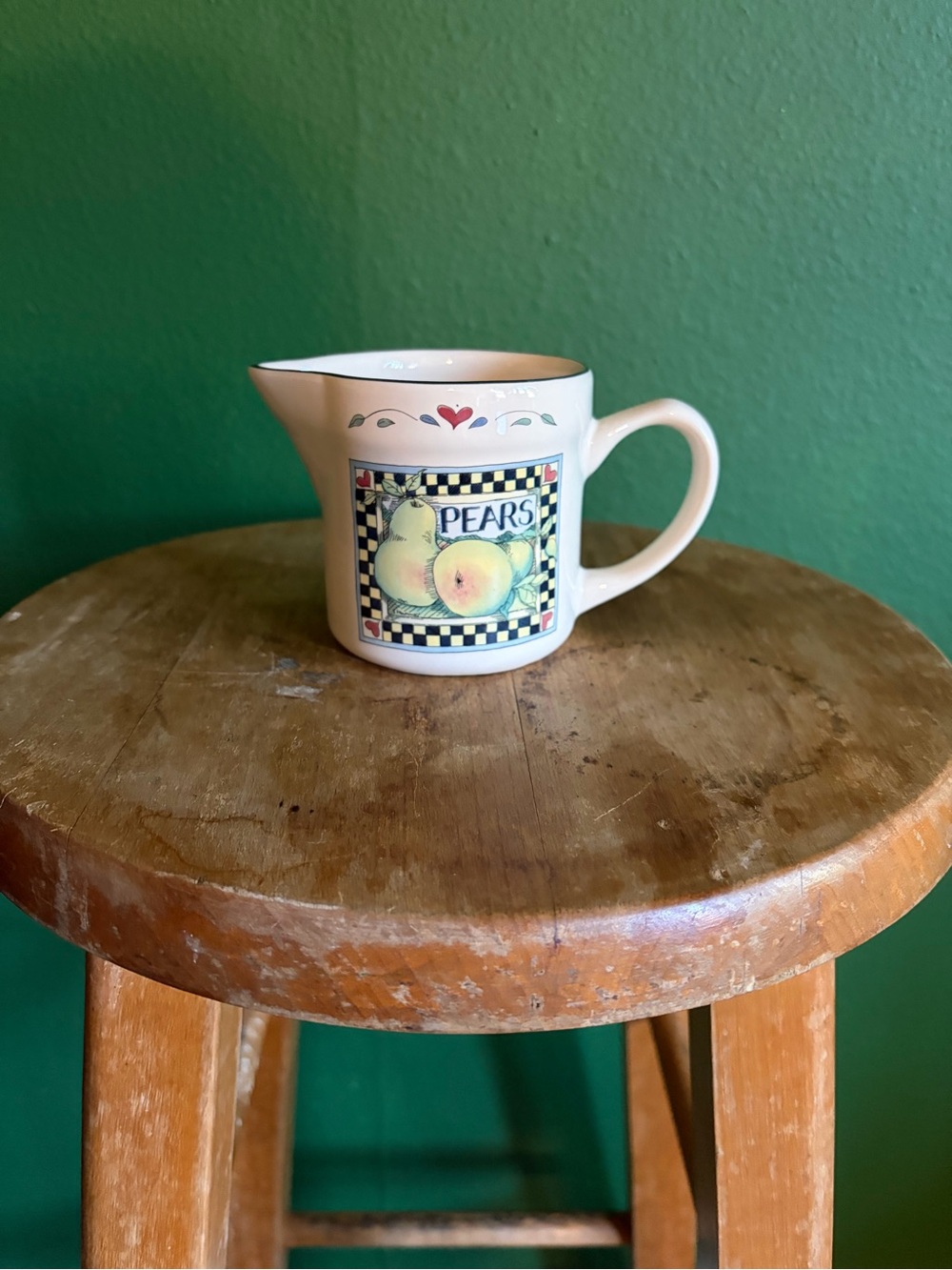 Vintage Susan Winget "Harvest Fair" Ceramic Creamer with Pear & Checkerboard
